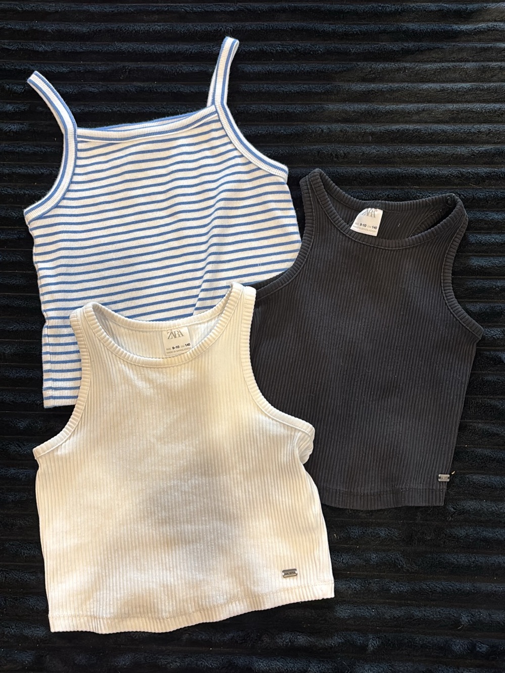 ZARA Girls' Ribbed Tank Trio - White, Blue Stripe & Charcoal
